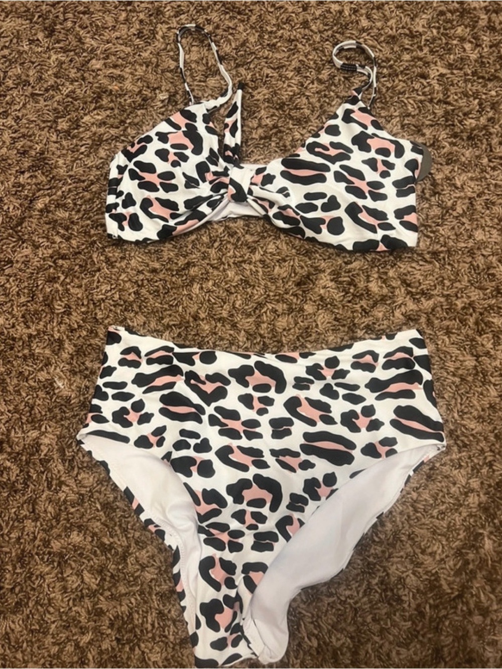 High-Waist Animal Print Bikini Set in White, Black & white